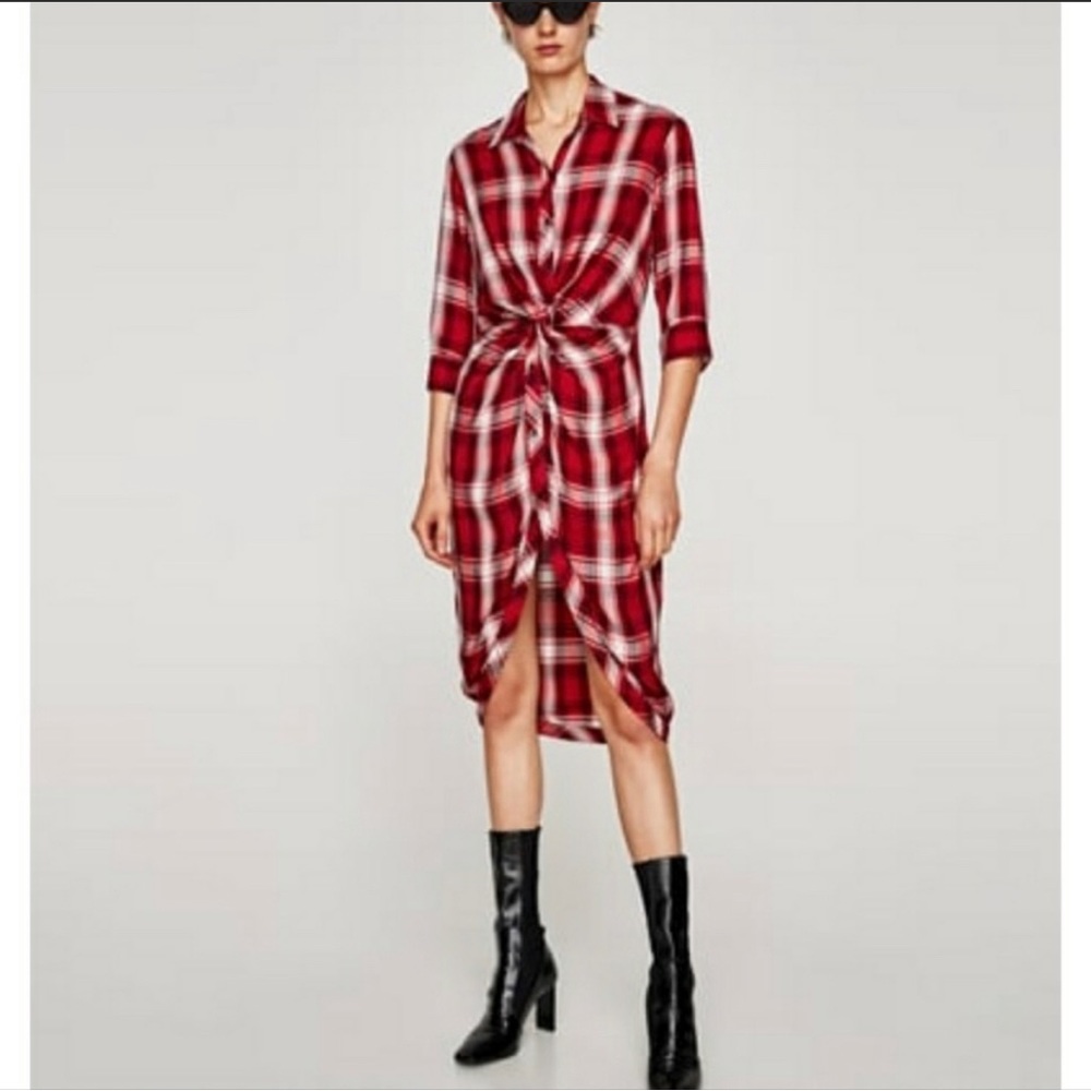 Zara Premium Denim Red Plaid Knot Tie Button Down Dress XL